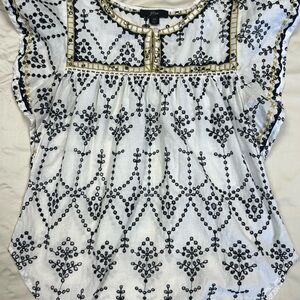 J. Crew Embroidered White and Navy Women's Top